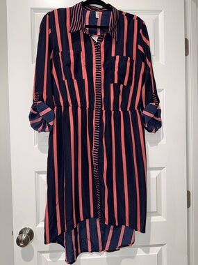 Navy and Coral Striped Shirt Dress